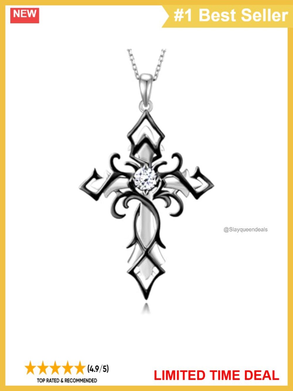 925 Sterling Silver Gothic Cross Pendant Necklace Cubic Zirconia 18+2 Inches
